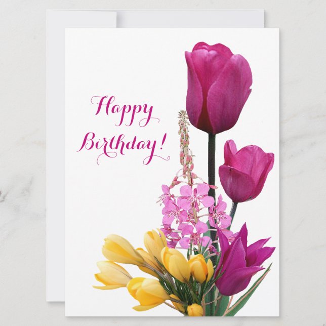 Happy Birthday pretty pink tulips crocus floral Holiday Card (Front)