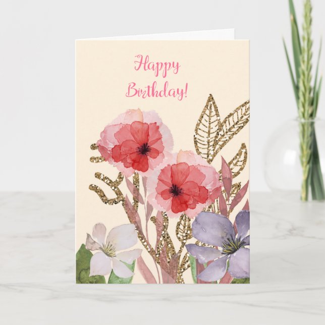 Happy Birthday Pretty Pink Watercolor Flowers Card (Front)