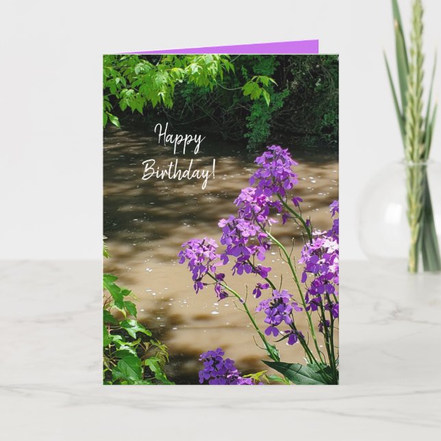 Happy Birthday Pretty Purple Flowers and Stream Holiday Card (Front)