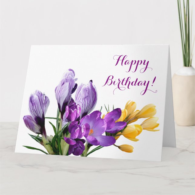 Happy Birthday pretty purple yellow crocus floral  Card (Front)