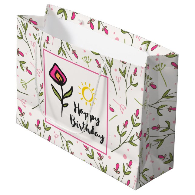 Happy Birthday - Pretty Wildlflowers and Sun Large Gift Bag (Front Angled)