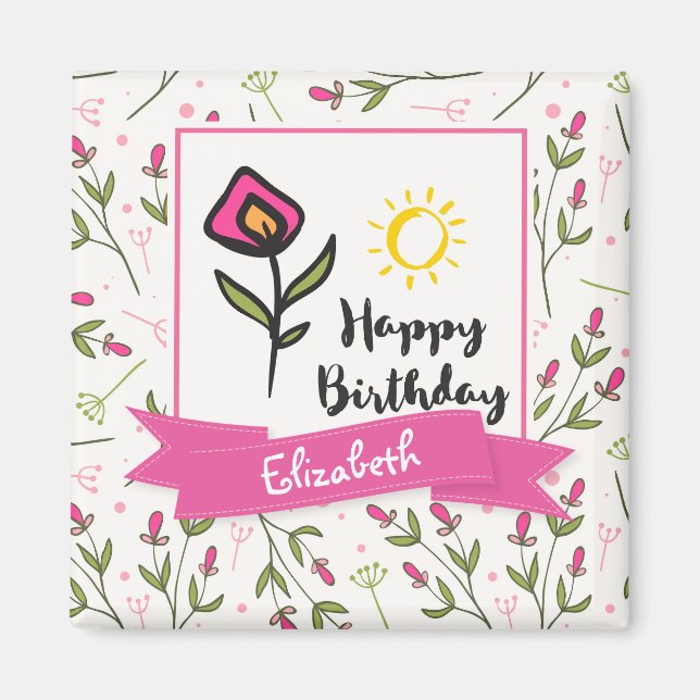 Happy Birthday - Pretty Wildlflowers and Sun Magnet (Front)