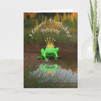 Happy Birthday Princess, green frog and crown, Card