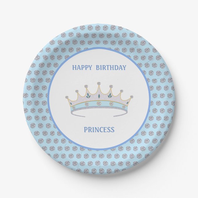 Happy Birthday Princess & Tiara & Diamond Confetti Paper Plate (Front)