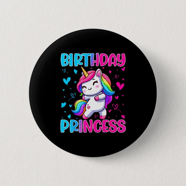 Happy Birthday Princess Unicorn Cute Rainbow Heart 6 Cm Round Badge (Front)
