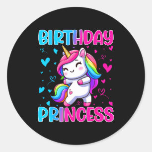 Happy Birthday Princess Unicorn Cute Rainbow Heart Classic Round Sticker