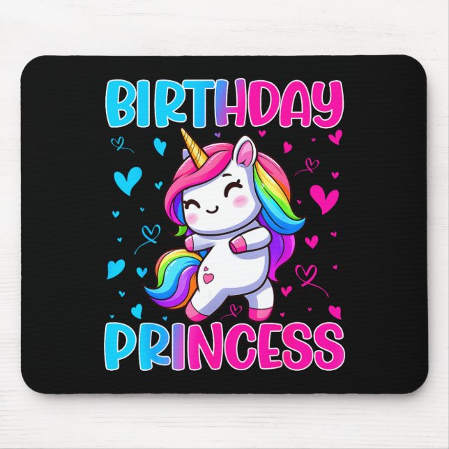 Happy Birthday Princess Unicorn Cute Rainbow Heart Mouse Mat (Front)