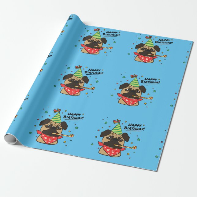 Happy Birthday Pug Boy Wrapping Paper (Unrolled)