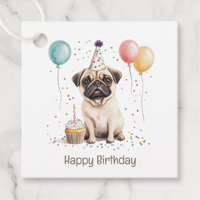 Happy Birthday Pug Dog Favour Tags (Front)