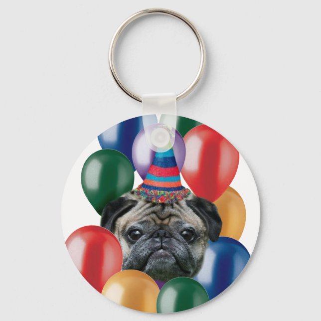Happy birthday Pug dog Key Ring (Front)
