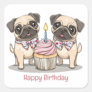 Happy Birthday Pug Dogs Cupcake Square Sticker