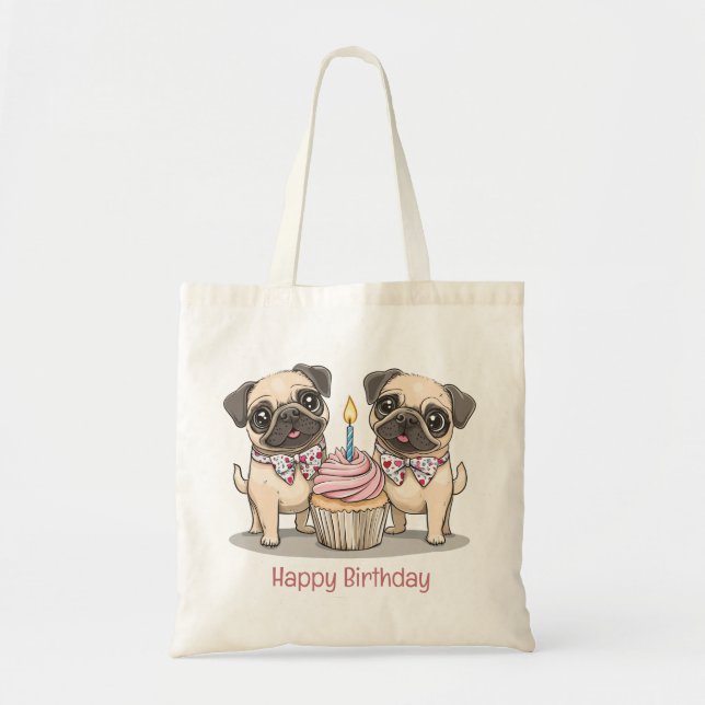 Happy Birthday Pug Dogs Cupcake Tote Bag (Front)
