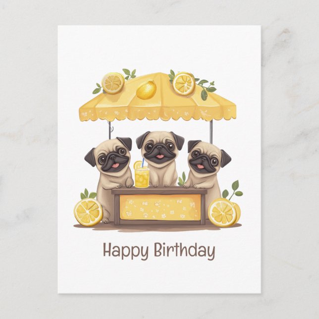 Happy Birthday Pug Dogs Lemonade Stand Postcard (Front)