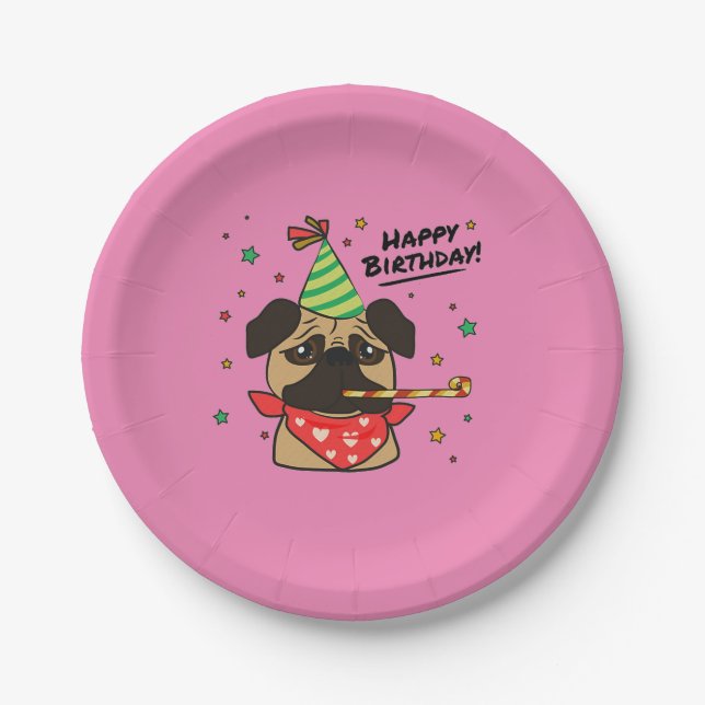 Happy Birthday Pug Girl Paper Plate (Front)