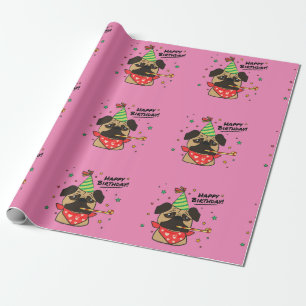 Happy Birthday Pug Girl Wrapping Paper