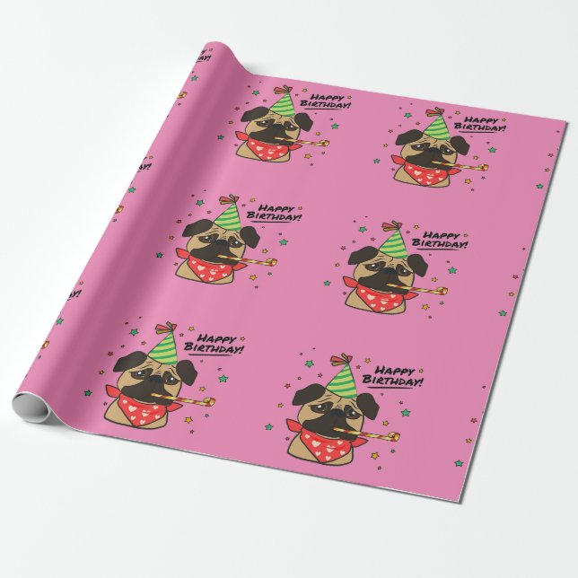 Happy Birthday Pug Girl Wrapping Paper (Unrolled)