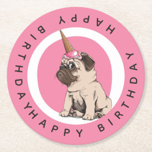Happy Birthday   Pugicorn Round Paper Coaster