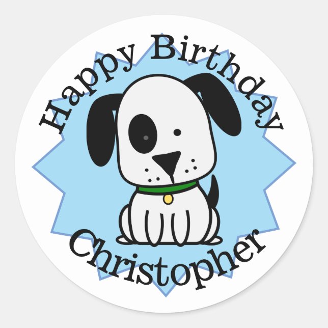 Happy Birthday Puppy Dog Personalised Classic Round Sticker (Front)