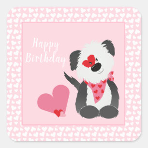 Happy Birthday Puppy Heart Pattern Pink Square Sticker