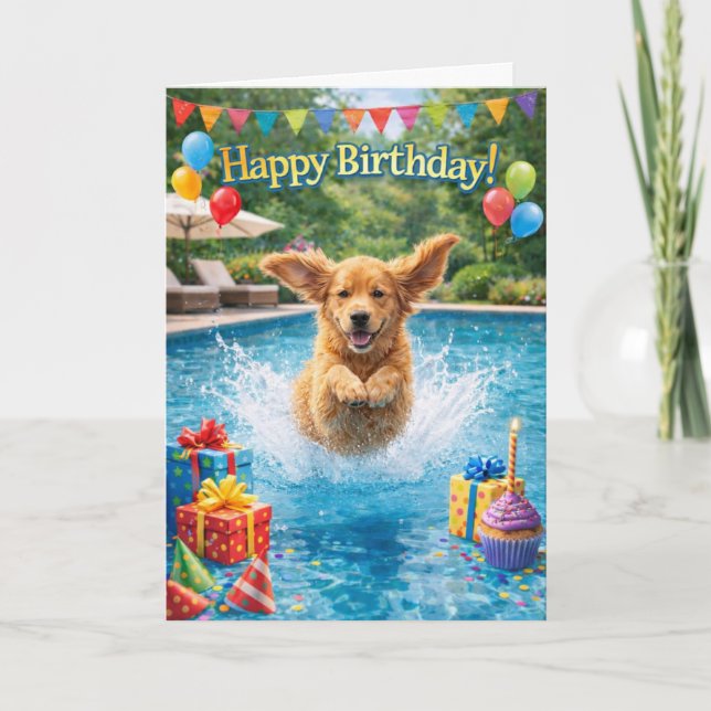 Happy Birthday Puppy Plunge Pool Party  Card (Front)