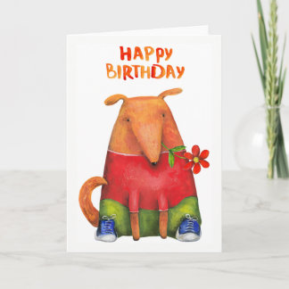 Happy Birthday Puppy with Flower Blank Inside Card