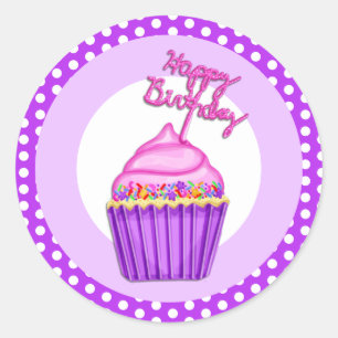 Happy Birthday Purple and Pink Cupcake Watercolor Classic Round Sticker
