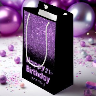 Happy Birthday Purple Black Glitter Any Age  Small Small Gift Bag