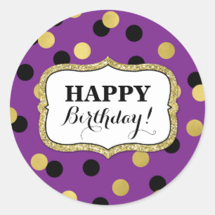 Happy Birthday Purple Black Gold Confetti Classic Round Sticker