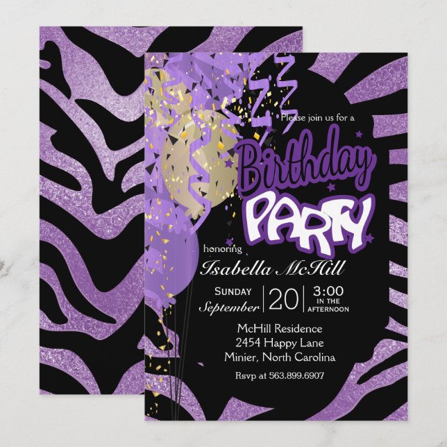 Happy BIrthday - Purple & Black Zebra Stripes Invitation (Front/Back)