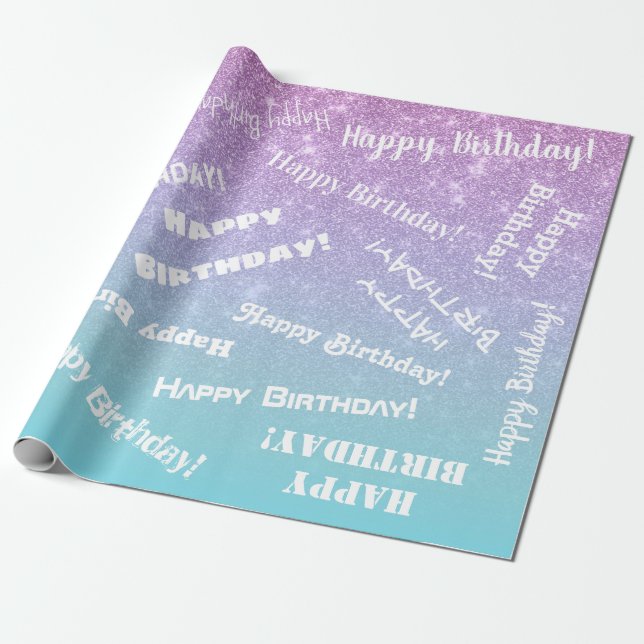 Happy Birthday Purple Blue Glitter Ombre Gradient Wrapping Paper (Unrolled)
