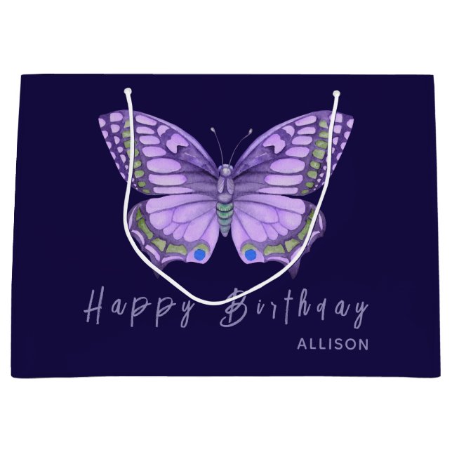 Happy Birthday Purple Butterfly Large Gift Bag (Front)