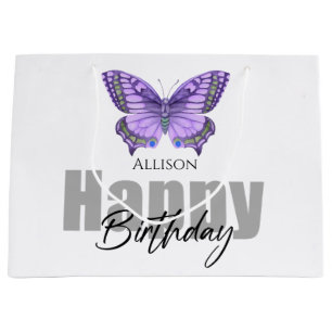 Happy Birthday Purple Butterfly Personalised Name Large Gift Bag