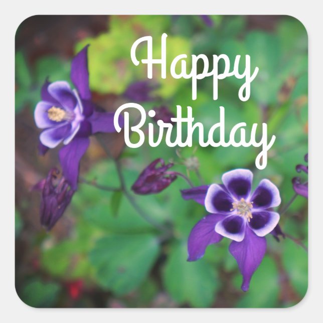 Happy Birthday Purple Columbine Flowers Stickers (Front)