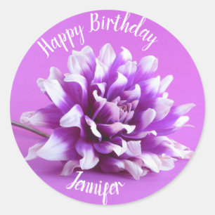 Happy Birthday Purple Dahlia Classic Round Sticker