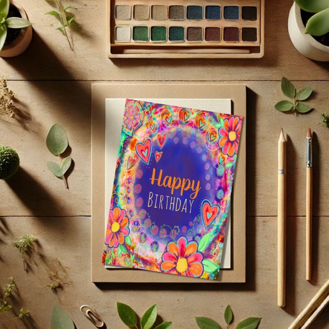 Happy Birthday Purple Floral Cheerful Girly Card (Creator Uploaded)