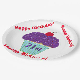 Happy Birthday Purple Frosting Cherry Cupcake Paper Plate