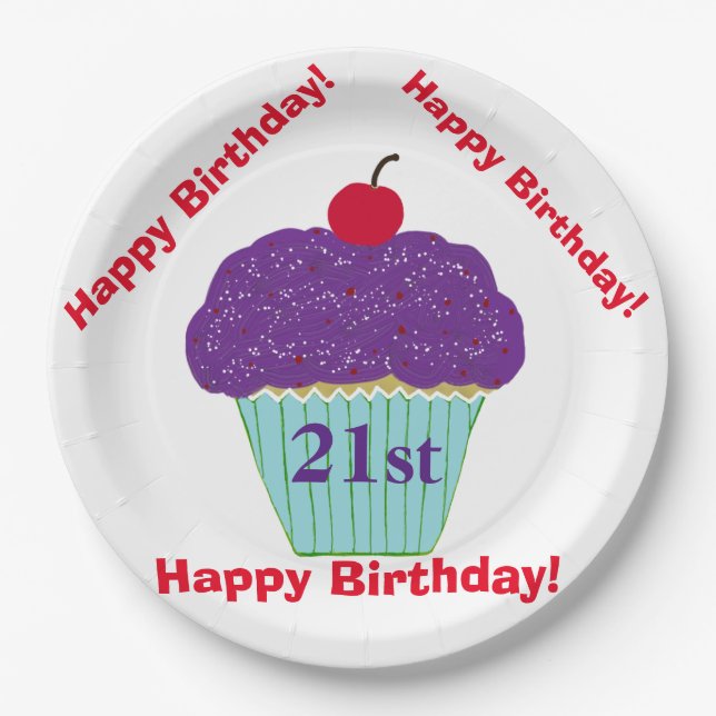 Happy Birthday Purple Frosting Cherry Cupcake Paper Plate (Front)
