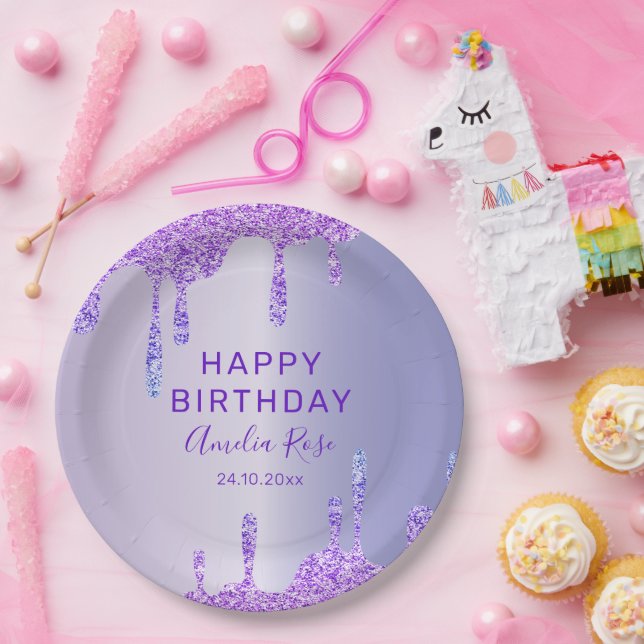 Happy Birthday Purple Glitter Metallic Party Paper Plate (Party)