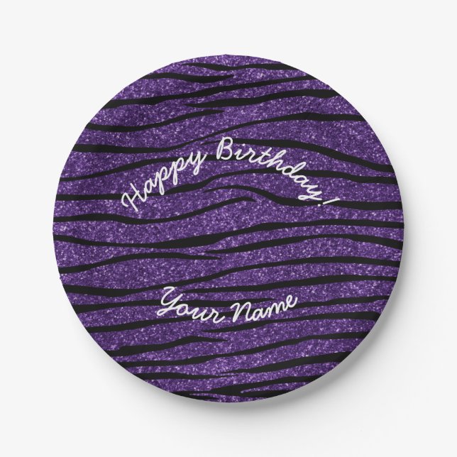 Happy Birthday purple glitter zebra stripes Paper Plate (Front)