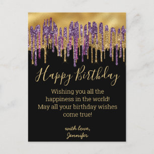 happy birthday purple gold dripping glitters chic postcard