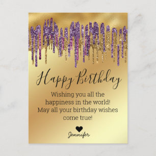 happy birthday purple gold dripping glitters metal postcard