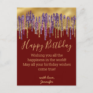 happy birthday purple gold dripping glitters red postcard