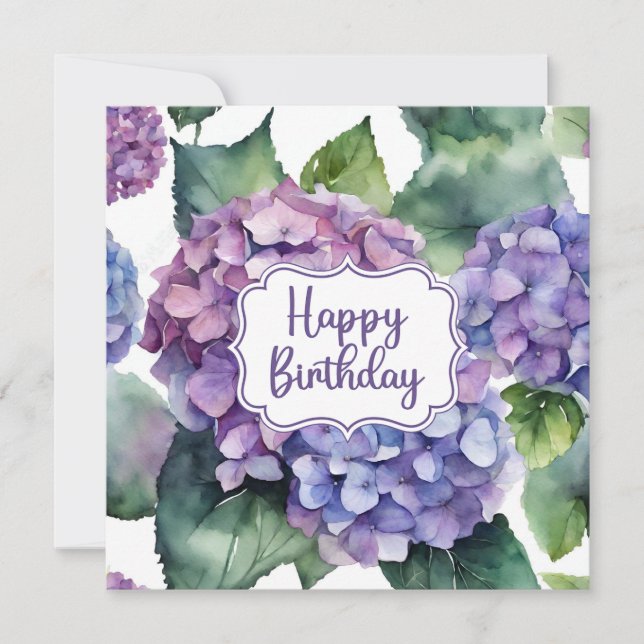 Happy Birthday Purple Hydrangea Flowers  Card (Front)
