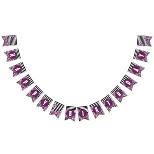 Happy Birthday Purple Iris Black White Stripes Bunting