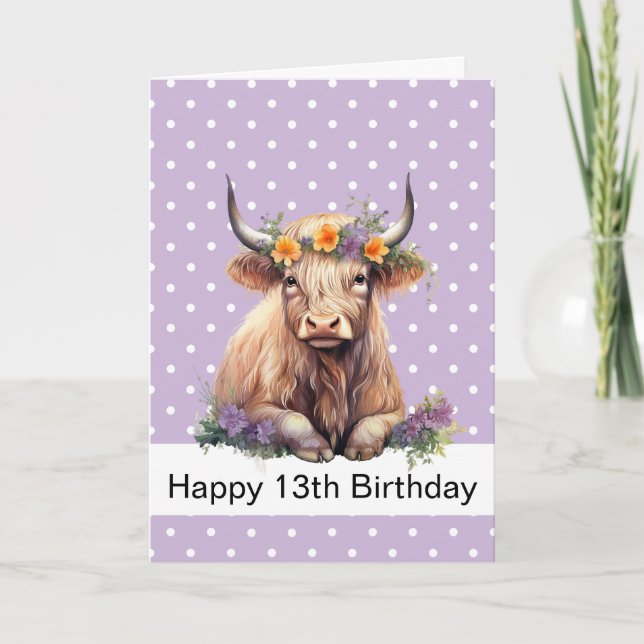 HAPPY BIRTHDAY Purple LONG HAIR BROWN COW CARD (Front)