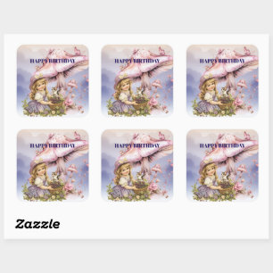 Happy Birthday Purple Mushrooms Vintage Girl  Square Sticker