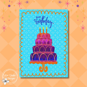 "Happy Birthday" Purple & Pink Cake with Candles Card