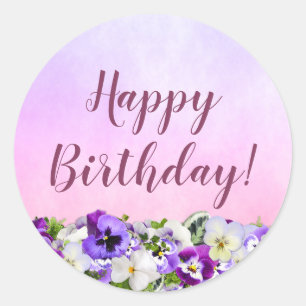 Happy Birthday purple pink florals Classic Round Sticker