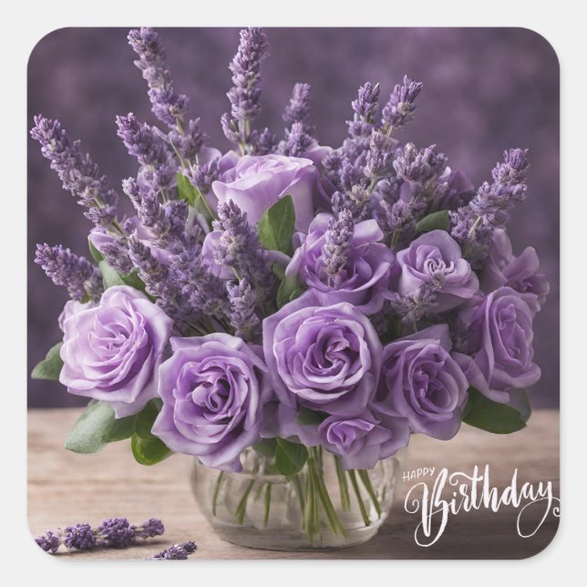 Happy Birthday Purple Roses and Lavender Flowers  Square Sticker (Front)