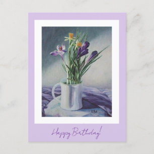 Happy birthday purple vintage flowers painting art postcard